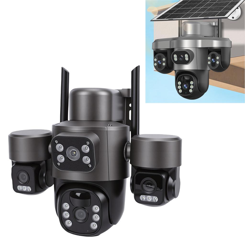 3 Lens Solar Security Camera 6MP HD 360 Degree Viewing Angle IP66 Water Proof Motion Detection WiFi Smart for Outdoor