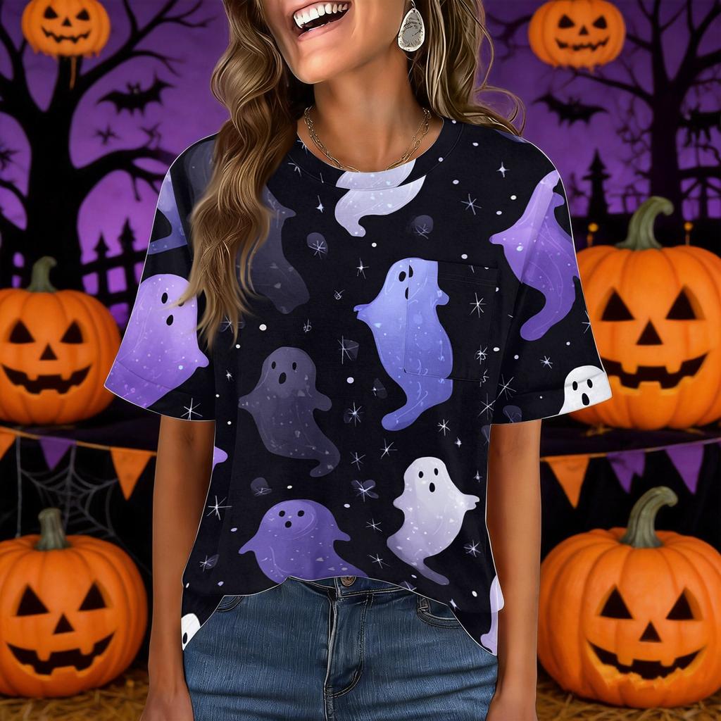 Women's Casual Halloween Pullover Top Short Sleeve Round Neck Pocket T-Shirt Halloween Print Casual Fit Lightweight