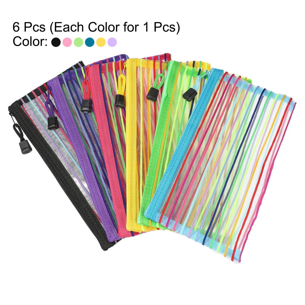 6Pcs A5/B6 Mesh Zipper Pouch Rainbow Color File Bags Colorful Nylon Mesh Document Bag Multipurpose Travel Bags File Organizer