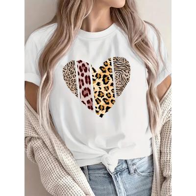 Elegant Women'S Short Sleeve T-Shirt with Animal Print Heart Design | Crew Neck, Medium Stretch Fabric, Suitable for Spring, Summer, Fall,