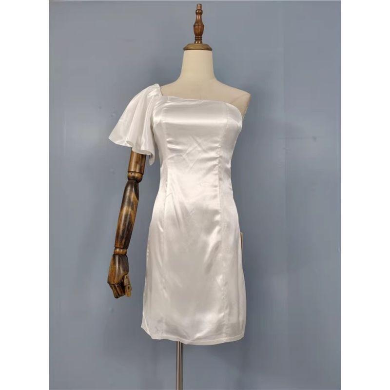 Export Single L Home U Shoulder Diagonal Collar Puff Sleeves Smooth Fabric Short Short Sheath Beautiful Casual Dress