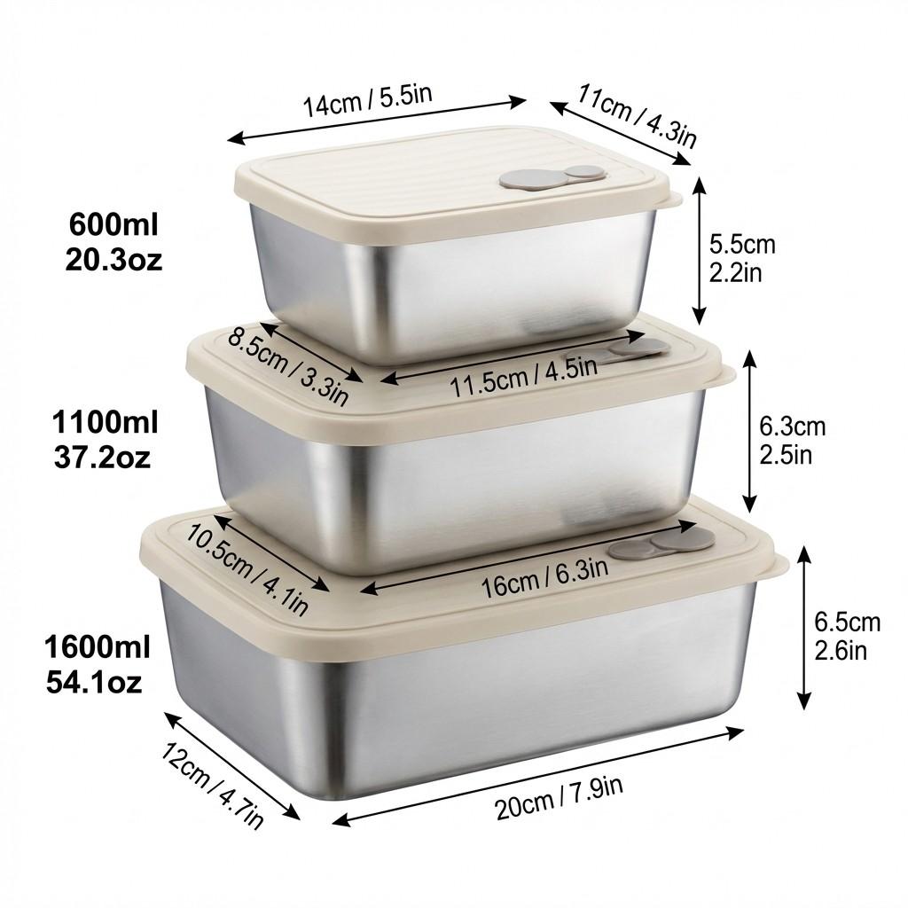 Stackable Fruit,Vegetable,Meat Food Container Durable Sealed 304 Stainless Steel Fresh-keeping Box Refrigerator&Microwave Safe