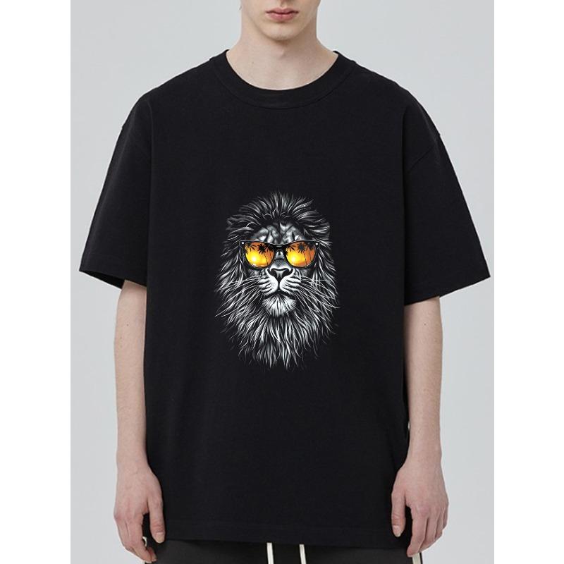 

Crewneck T Shirt Black Lion With Sunglasses Print Casual Streetwear For Men XXXXL чорний