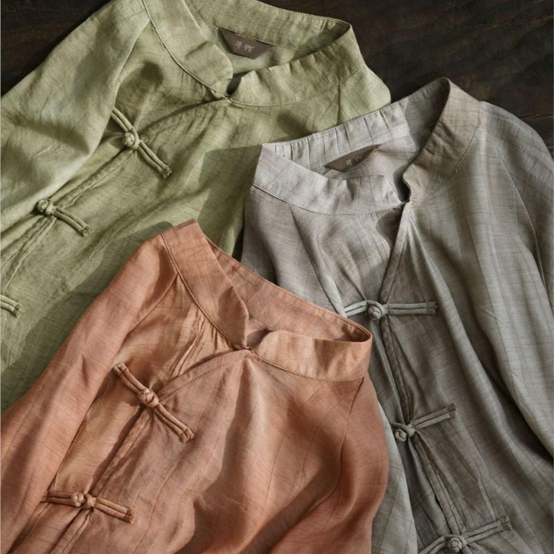 Johnature Women Vintage Soft Shirts Tops Button Long Sleeve Stand Blouses Summer Thin Chinese Style Female Shirts