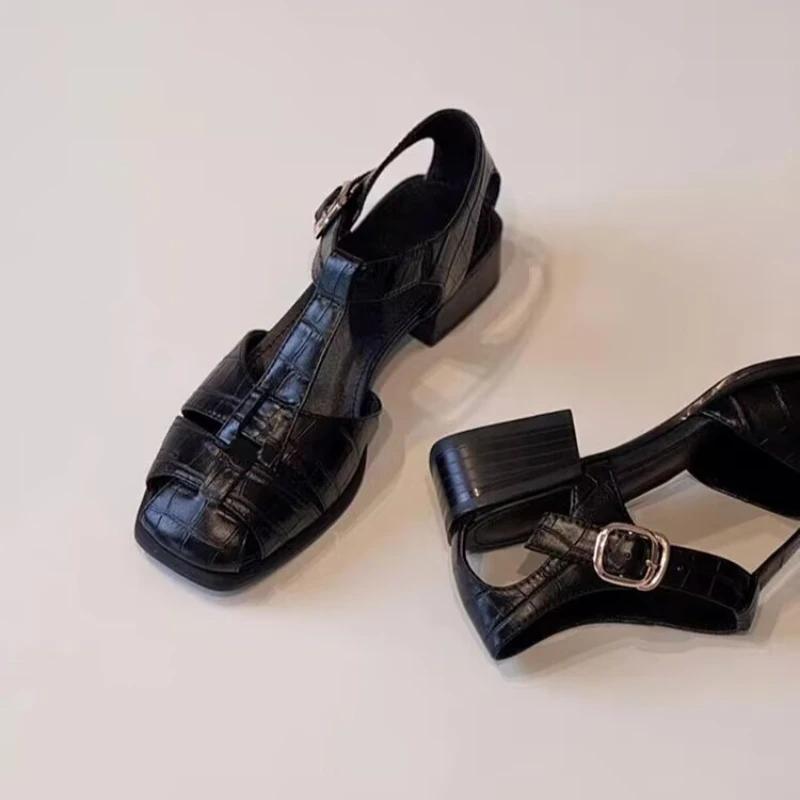 Women's Sandals Cover Toe One-line Buckle Square Heel Heel Wrap Shoes Women Leisure Career Roman Square Toe Sandalias De Mujer