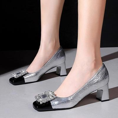 Fashion Women's Fashion Thick Heel Shoes Fall New Square Head Shallow Mouth Crystal Buckle Anti-slip Wear-resistant Low-top Shoes