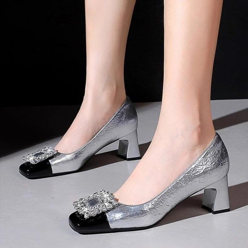 

Fashion Women s Fashion Thick Heel Shoes Fall New Square Head Shallow Mouth Crystal Buckle Anti-slip Wear-resistant Low-top Shoes 35