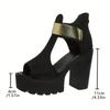 Plus Size Women'S Fashion Platform High Heel Sandals - Elegant Black Thick Sole Slip-On Dress Shoes with Golden Buckle Straps, Comfortable
