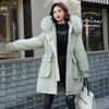 Womens Mid-Long Down Cotton Puffer Coat With Detachable Faux Fur Collar Winter Embroidered Outerwear
