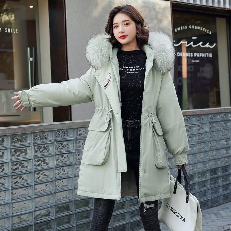 Womens Mid-Long Down Cotton Puffer Coat With Detachable Faux Fur Collar Winter Embroidered Outerwear