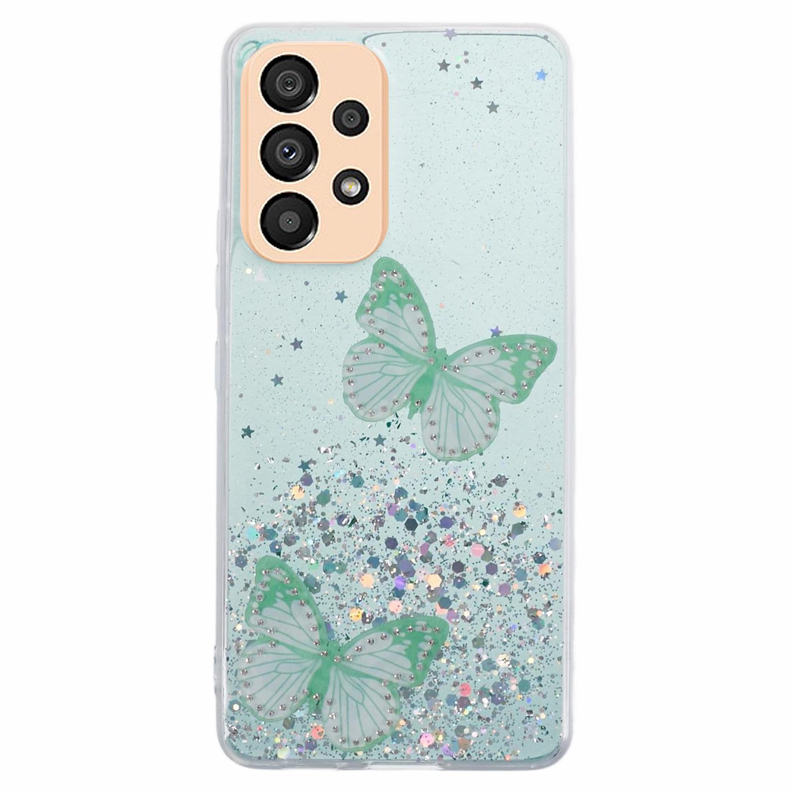 

AW Series Case for Samsung Galaxy A23 5G (Global Version)/A23 4G Shell Sparkle Epoxy Butterfly Decor Big Rear Lens Hole Phone Cover Green