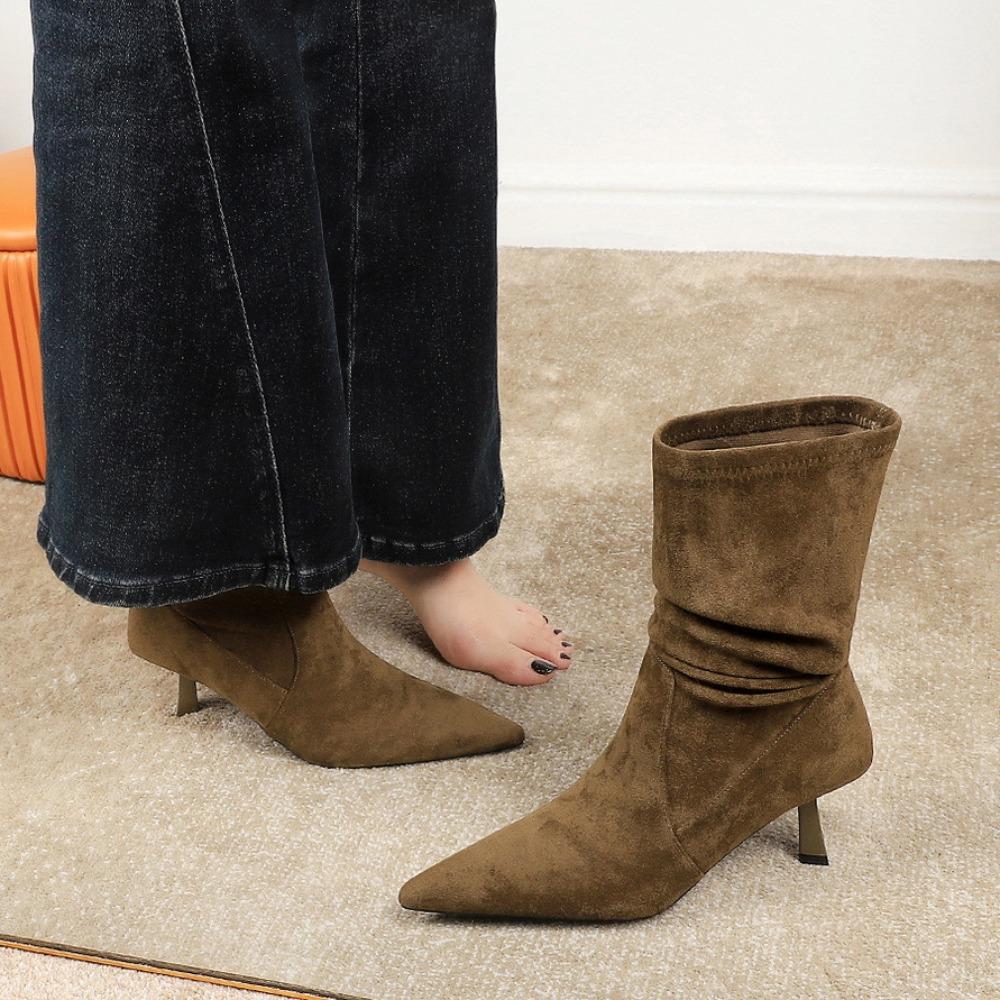 Woman High Heel Boots Suede Autumn Versatile Medium Tube Short Boots Woman Elastic Suede Pointed Pleated Boots