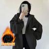 Black hooded sweater jacket women's autumn and winter classic basic heavy fleece thickened casual loose versatile top