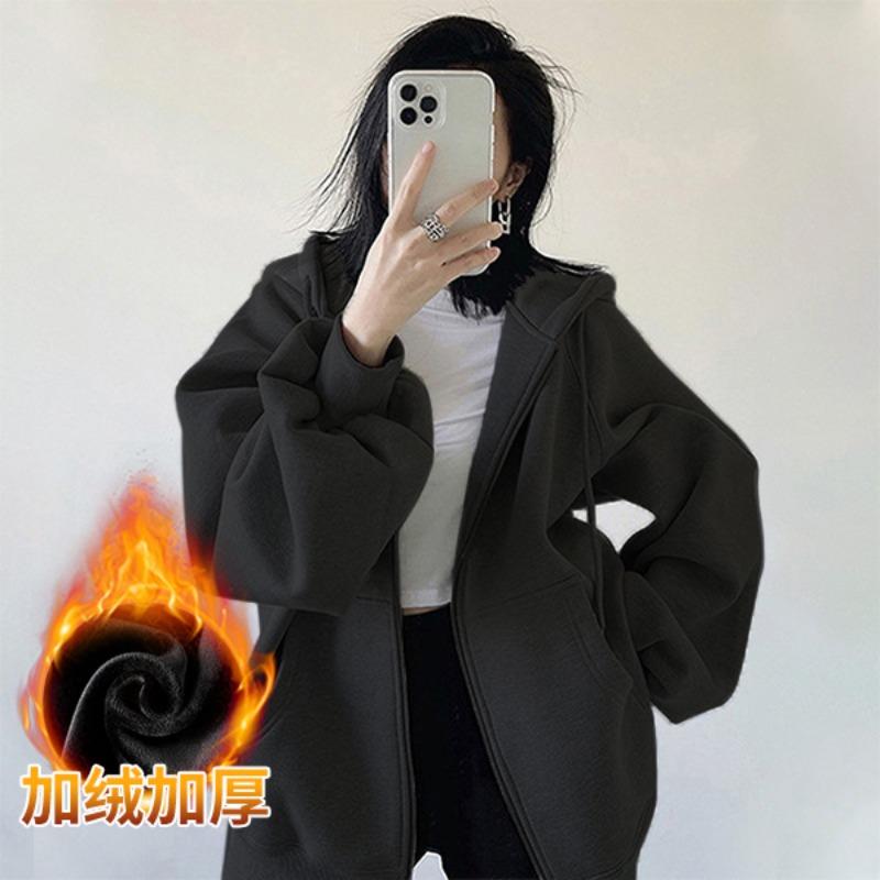 Black hooded sweater jacket women's autumn and winter classic basic heavy fleece thickened casual loose versatile top