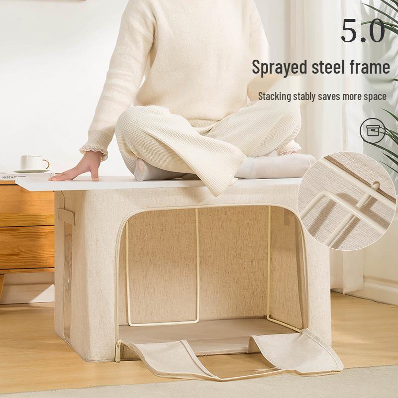 Tianshan Cotton and Linen Foldable Storage Box with Steel Frame & Washable PP Bottom for Clothes & Quilts