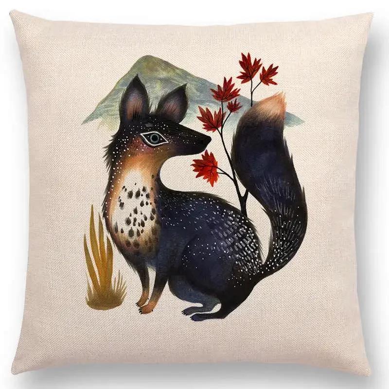 Retro Mystery Watercolor Art Totem Sofa Pillow Case Animals Deer Bear Bird Fish Fox Owl Snake Rabbit Heron Bee Cushion Cover