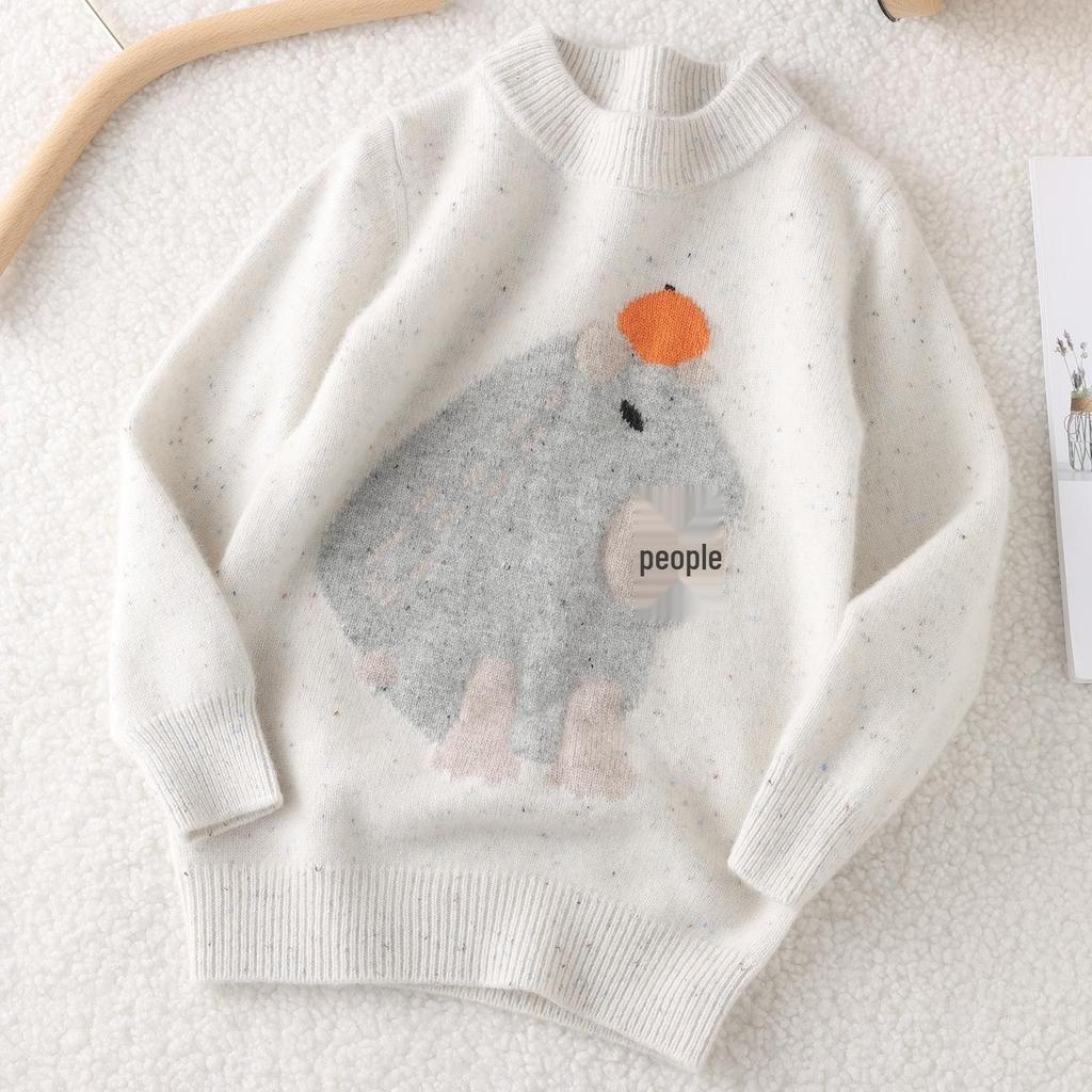 Hochwertiger 100% reine Wolle Kinder Pullover mit halbem Rollkragen Capybara Strick - Doppelfaden Verdickt