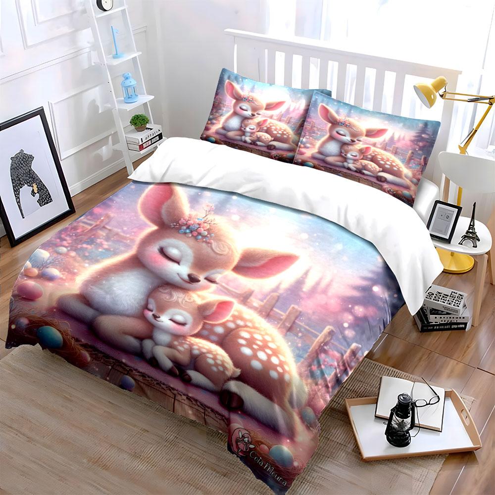 Cozy Deer Family Picnic Scene Exquisite Three-Piece Bedding Set Gift For Kids And Adults