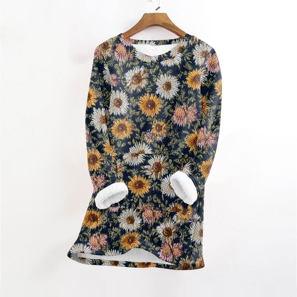 Women's Fashionable Printed Round Neck Long Sleeved Plush Warm Pullover Top