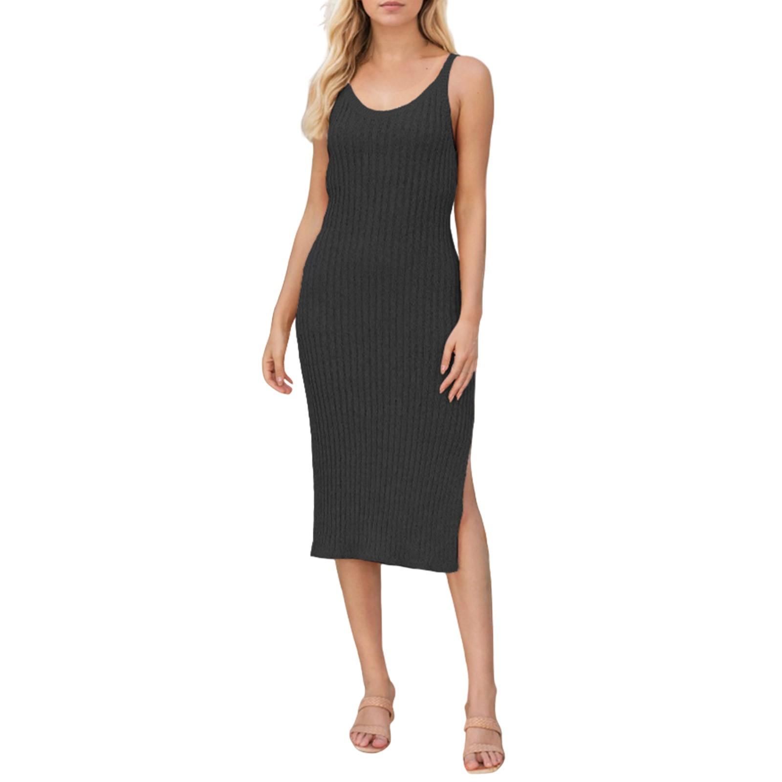 

Женское повседневное модное платье для отпуска с круглым вырезом без рукавов, однотонное платье с разрезом по низу L чёрный