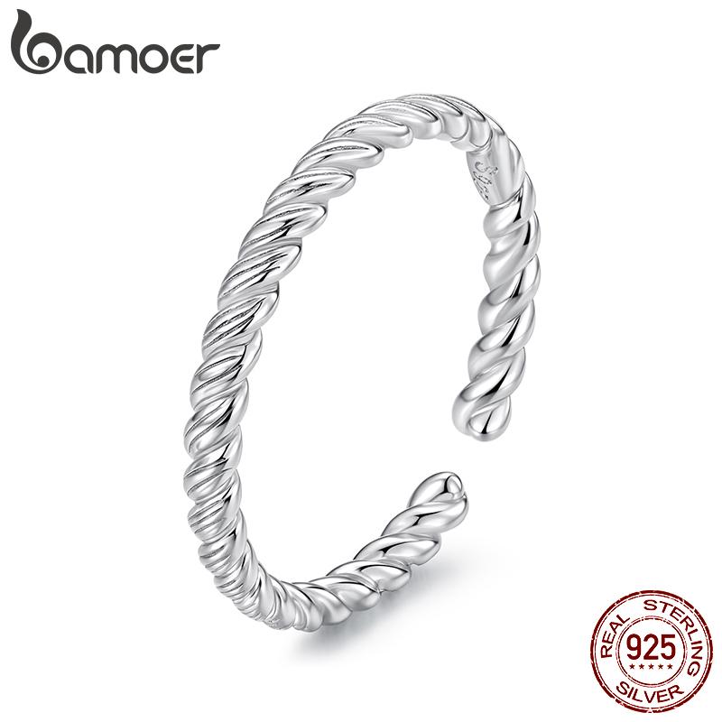 Bamoer 925 Sterling Silver Twisted Braided Open Ring Trendy Stackable Cross Ring for Women Teens Minimalist Daily Gift 2.2mm