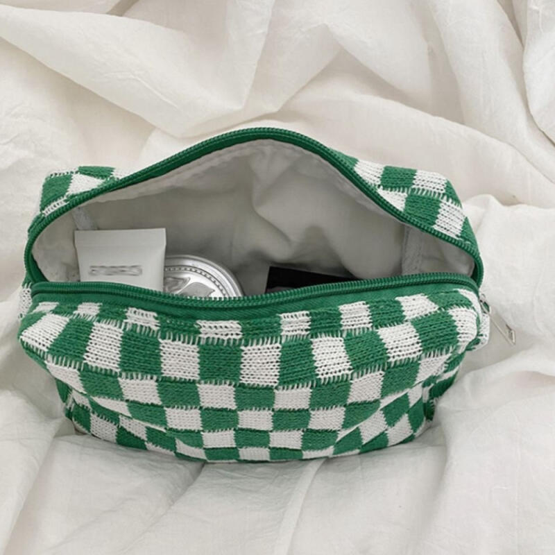 Knit Check Pouch B Cosmetic Mini Sanitary Napkin Square Zipper Cotton