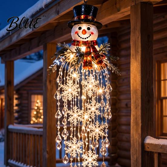Santa Claus Snowman Decor Crystal Waterfall Christmas Lights, LED Warm White Pendant Festive Yard Decoration Light with Snowflake Droplets,