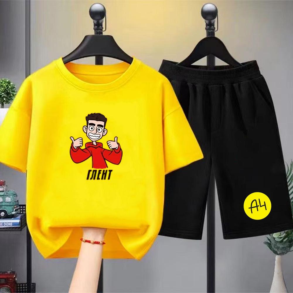 Summer Short Sleeve Children Age 3-12 Girls Set white black Boy Tshirt+Shorts 2pcs leisure Kids A4 Print Set clothing