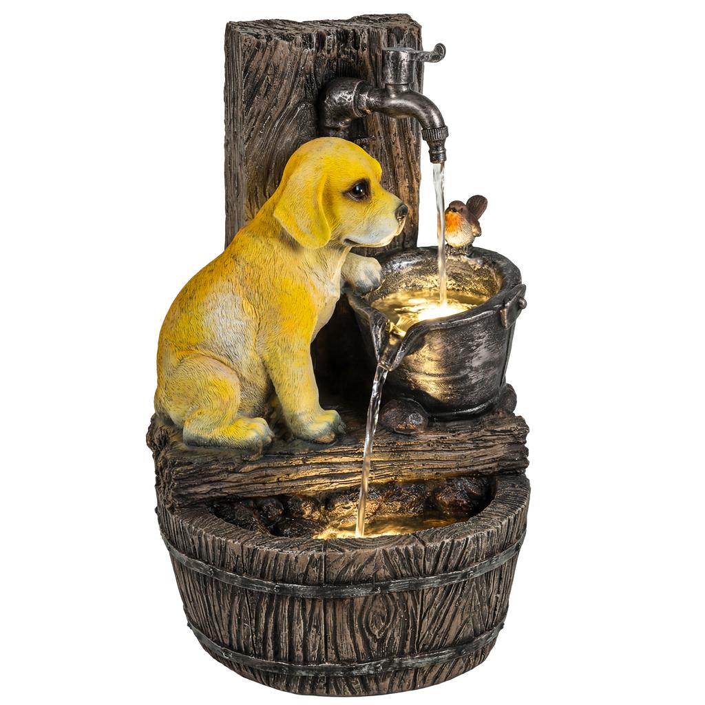 Garden Water Feature with 3-Tier Rustic Puppy Design, Freestanding Resin with LED Lights, Adjustable Flow, Rustic Brown