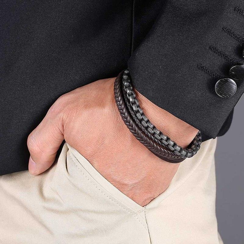Lucky Vintage Men's Leather Bracelet Black Brown Charm Multilayer Braided Women Pulseira Masculina