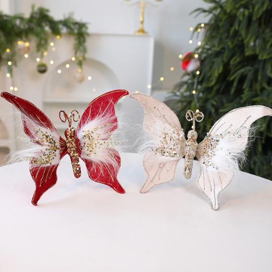 Glitter Butterfly Christmas Ornaments Artificial 3D Sequined Butterfly with Feather for Christmas Tree Crafts Flower Bouquets Fairy Garden Home Decor