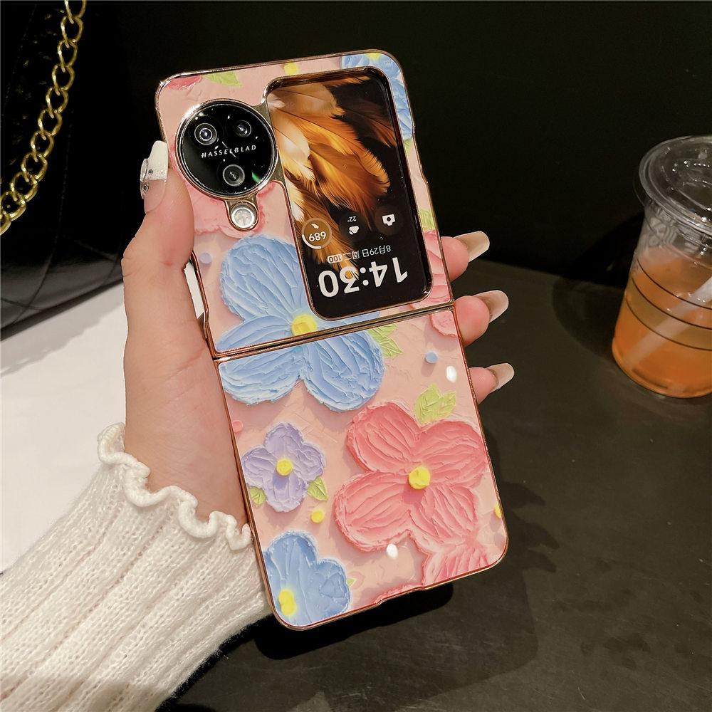 

Luxury Gold Plating Painting Flower Case For OPPO Find N3 Flip Find N2 Flip Shockproof Hard Back Cover Fundas For Find N3 Flip