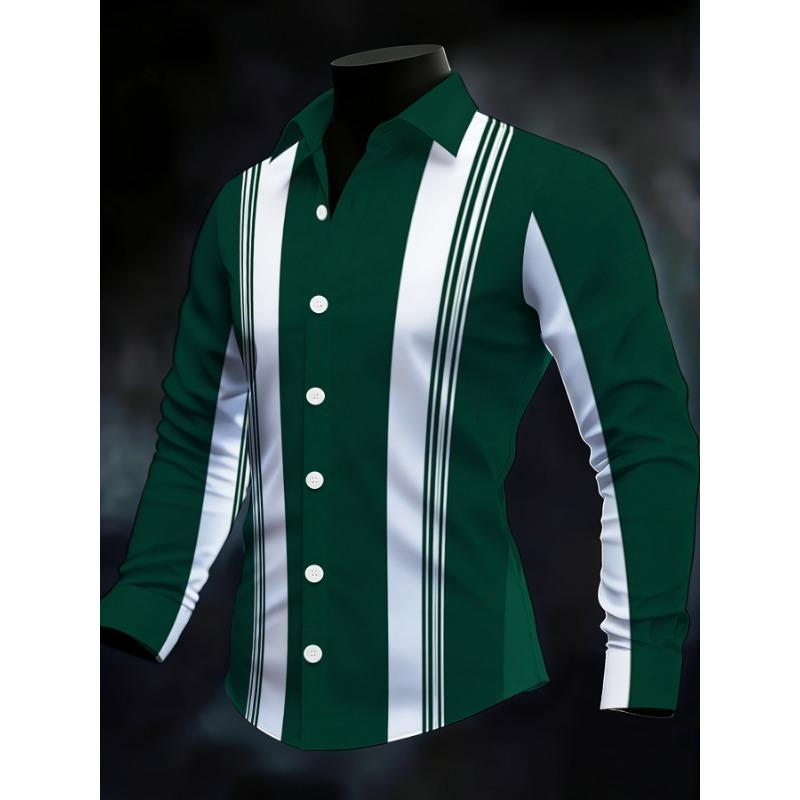Men's Striped Color-Block Long Sleeve Shirt, Business Casual Slim Fit, Authentic Fashion Menswear