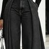 Women Pants High Waist Buttons Zipper Closure Denim Pants with Pockets Irregular Large Hem Wide Leg Solid Color Casual