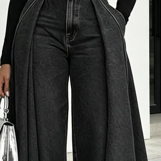 Women Pants High Waist Buttons Zipper Closure Denim Pants with Pockets Irregular Large Hem Wide Leg Solid Color Casual