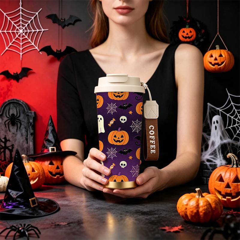 Halloween Coffee Cup 532ml Pumpkin Ghost Bat Candy Web Skull MotifHalloween Limited Cup Flip Lid Coffee Cup Portable Thermos Coffee Cup 532ml