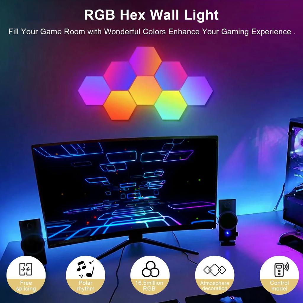 RGB Smart Hexagonal Wall Lamp Color Changing Ambient Night Light DIY Shape Music Rhythm APP For Game Room Bedroom Intelligent