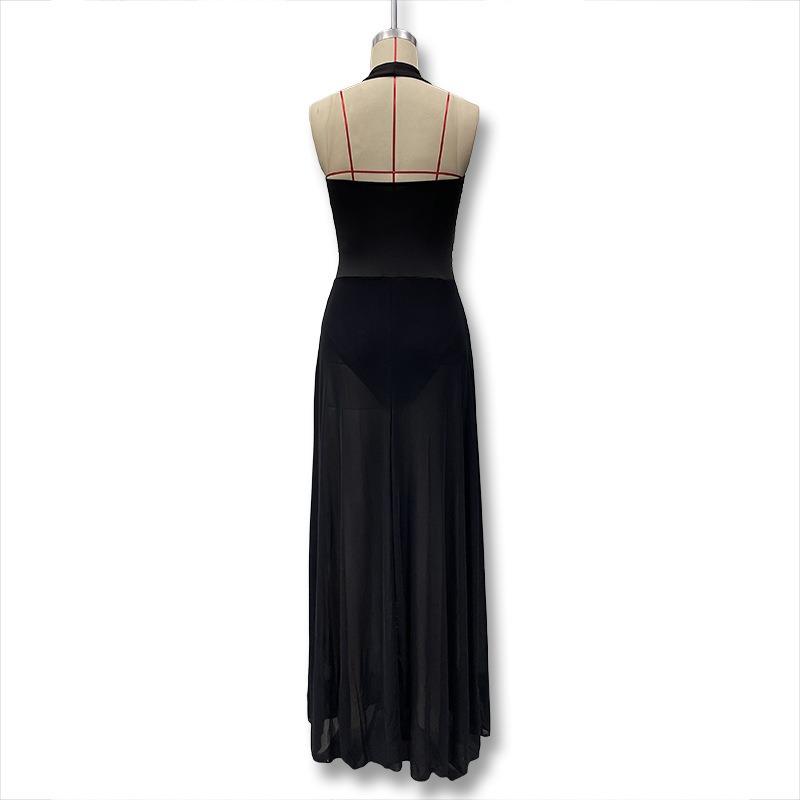 2026 Backless Hanging Neck Sexy Mesh See Through Long Dress New Fashion Black Elegant A-line Dress Women Sleeveless Summer Slim Party Dress