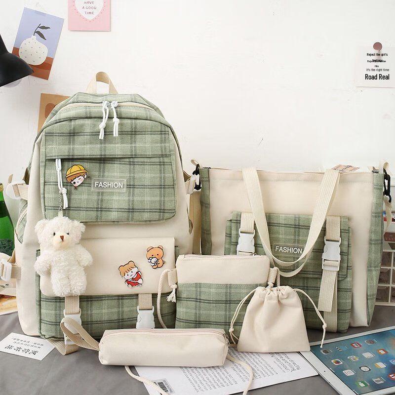 Sailena Girls Cute Plaid 5-Piece School Backpack Set One Size