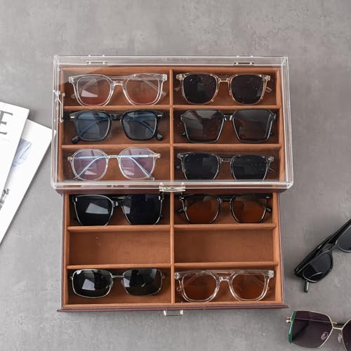 ProCase Sunglasses Case (for 12 pairs), 2-Tier Storage Box for Eyeglasses and Accessories, Acrylic Lid, PU Material, Eyeglass and Jewelry Management,