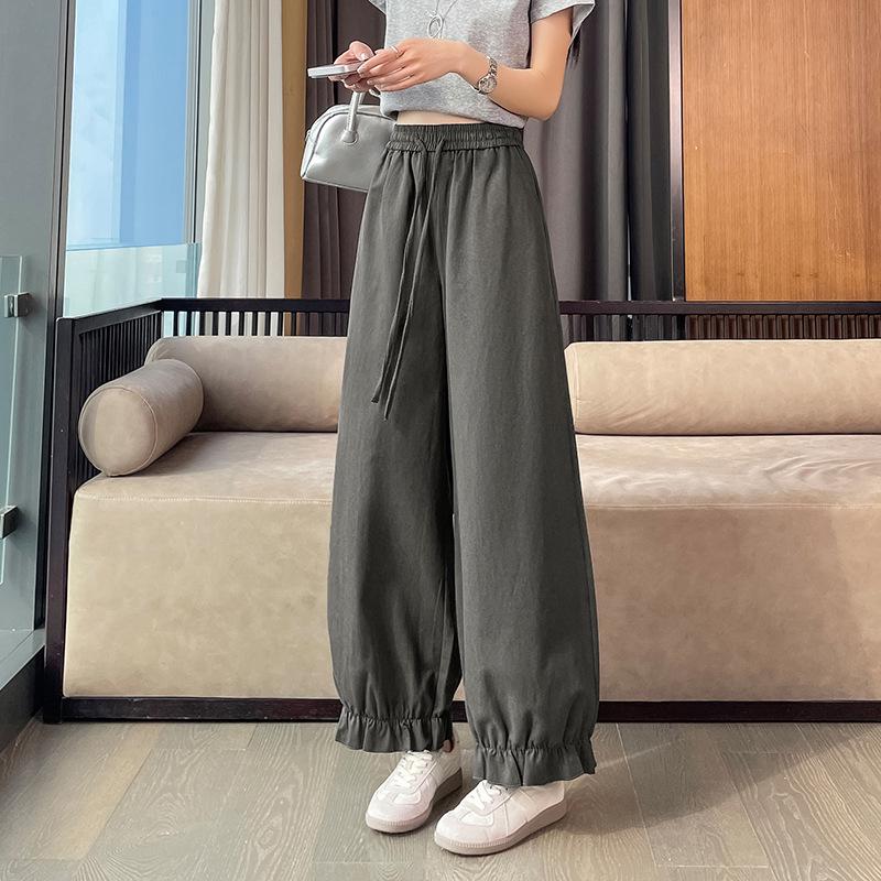2026 Women's Pleated Ruffle Lace Hem Lantern Pants: Silk Cotton, Tapered Leg, Light and Casual for Spring/Summer