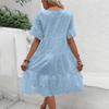 Womens Hollow Out O-Neck Short Sleeve A-Line Pleated Patchwork Solid Swing Midi Dress Beach Vacation Embroidered