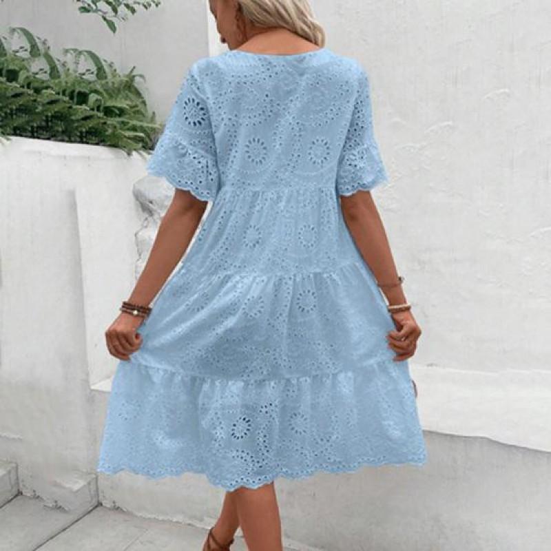 Womens Hollow Out O-Neck Short Sleeve A-Line Pleated Patchwork Solid Swing Midi Dress Beach Vacation Embroidered