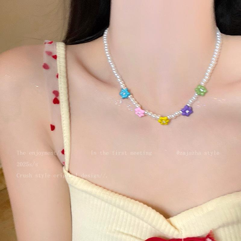 Zircon drop oil colored flower pearl necklace light luxury niche versatile collarbone chain sweet fresh temperament necklace women