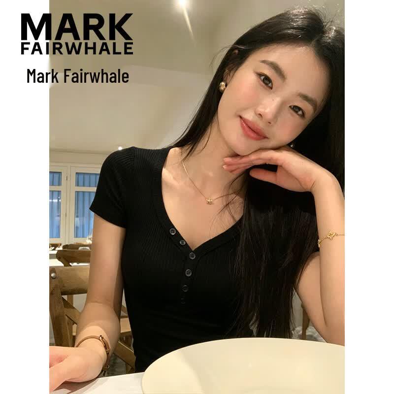 MARK FAIRWHALE Women s V-Neck Ribbed Button-Front Slim Fit Knit T-Shirt 2XL