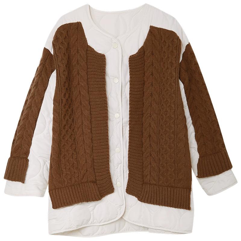 Dimanaf 2025 Winter Women Sweaters Jacket Patchwork Wadded Buttons Coat Knitting Fake Two-Piece Loose Sweater