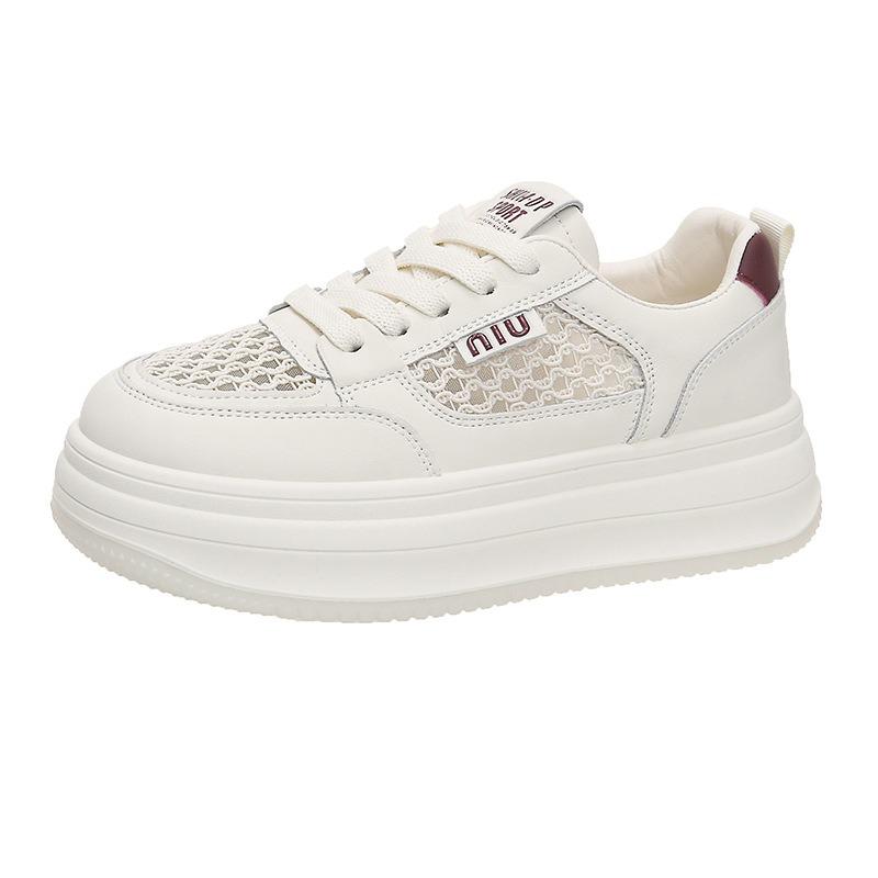 Summer Lace Mesh Breathable Leather Little White Shoes Soft Sole Women's Shoes New Casual Sports Shoes Thick Baseplate Shoes