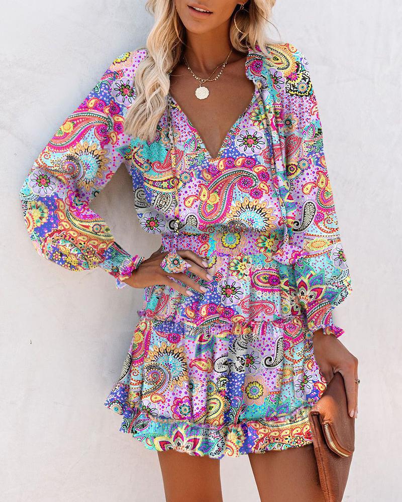 Trendy Women's Print V-Neck Waist-Cinching Dress with Long Sleeves