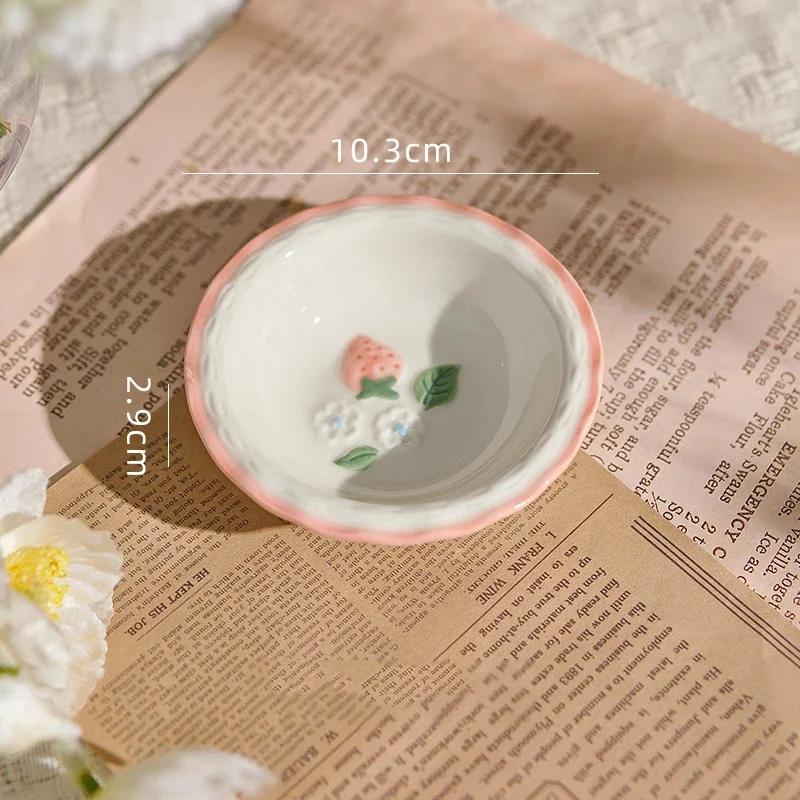 Cute Pink Strawberry Hand-painted Underglaze Ceramic Tableware Household Soup Bowl and Dish Set Dinner Plates