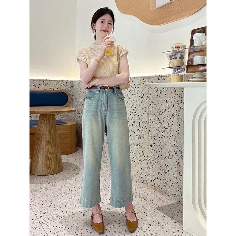 

Light-Wash High-Waisted Banana Wide-Leg Jeans for Petite Women, Spring & Summer, Loose Fit, Versatile, Nine-Point Straight-Leg Style. S [Recommended 40-47kg]